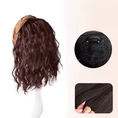 ヘッドバンド付きウィッグ 女性用ミディアムショートヘアカールウィッグ つけ毛 エクステンション 頭頂部ウィッグ ポイントウィッグ ボリュームアップ ふわふわ30cmダークブラウン