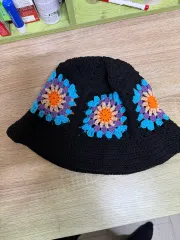 ハンドメイド モチーフ クロシェ バケットハット ブラック バケットハット 帽子です