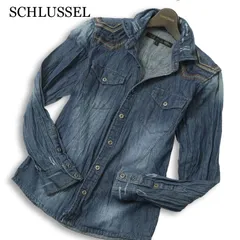 SCHLUSSEL シュリセル 通年 ダメージ加工★ 襟ワイヤー 刺繍 長袖 デニム ウエスタン シャツ Sz.2 メンズのサムネイル
