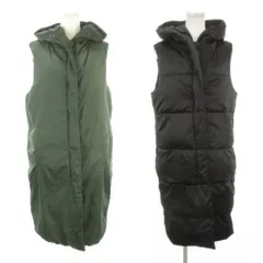 ザラ ZARA リバーシブル 中綿ベスト ジャケット ロング丈 S 緑 グリーン 黒 ブラック ノースリーブ フード付き /MN24 ■ECA004
