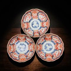 古伊万里 色絵花鳥図輪花形七寸皿 松竹梅 裏巻物文様 江戸期 金蘭手