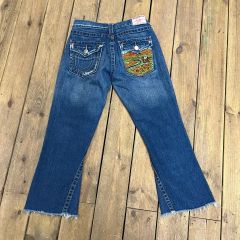 美品 True Religion デニムフレア 虹色 ホースシューステッチ - メルカリ