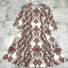 シルク100%【美品】AMACA アマカ ペイズリー柄 フレア ロングワンピース サイズ38 Мサイズ相当 レッド アイボリー 絹 総柄 長袖 ワイドシルエット オーバー 山陽商会のサムネイル
