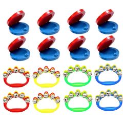 SALUDABLE Handbell Castanets Musical Instrument Percussion Set for Toddlers (8 Castanets & 8 Ring Bells)