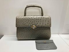 オーストリッチ ハンドバッグ ターンロック エキゾチックレザー グレー 
