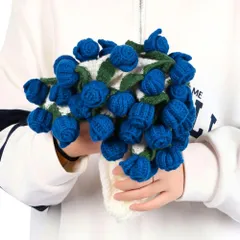 SALUDABLE 花束になるブランケット 完成品 フラワーブランケット 花 ブーケ 編み物 贈り物 (ブルー 薔薇 60cm)