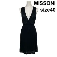 ◇ ミッソーニ MISSONI サマーニットワンピース ノースリーブ 膝丈 フレア Vネック 透かし編み 黒 綿 40 S～M 7～9号 レディース S6D736のサムネイル