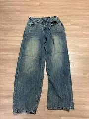 おしゃれムード バルーンフィット サイドスリットライン ウォッシュ デニムパンツ