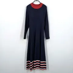 トミーヒルフィガー 秋冬 リブニット ワンピース ミディ丈 ネイビー S (HU43644)