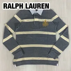 【良好】 RALPH LAUREN ラルフローレン 刺繍ロゴ 長袖ラガーシャツ M グレー&アイボリー ボーダー柄 ゴムボタン インパクト21 レディース 着丈60cm 肩幅35.5cm 身幅(脇下)43cm 袖丈60cm【古着】