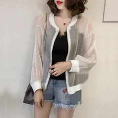 レディース アウター 長袖 ショート丈 シアー ブルゾン トップス 羽織り 透け感 シースルー 薄手 通気性 ZIP ジップ 白 黒 春 夏 1686