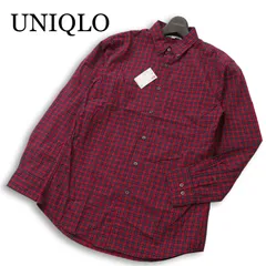 【新品 未使用】 UNIQLO ユニクロ 通年★ EFCブロード 長袖 チェック ボタンダウン シャツ Sz.M メンズ 赤