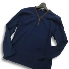MONSIEUR NICOLE ムッシュ ニコル 通年★ 牛革 リアルカウ レザー使い★ 長袖 ヘンリーネック Tシャツ Sz.48 メンズ 紺のサムネイル