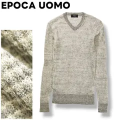 【美品】 日本製 エポカ ウォモ EPOCA UOMO 麻100％ Vネック リネン サマー ニット セーター ローゲージ 44 グレー x ホワイト キレイめ 大人 タウン カジュアル ウェア 紳士 メンズのサムネイル