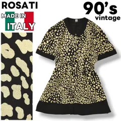 90s ヴィンテージ イタリア製 ロサティー ROSATI 半袖 テンセル ノーカラー ワンピース フレア シルエット インナー入り 42 レオパード 豹柄 ベージュ x ブラック レディース ♪