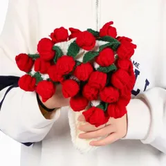 SALUDABLE 花束になるブランケット 完成品 フラワーブランケット 花 ブーケ 編み物 贈り物 (赤い薔薇 60cn)
