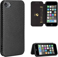 Pelanty For iPod Touch 5 6 7 ケース 手帳型 炭素繊維調 携帯カバー 背面 軽量薄型 財布型 カード収納 アイポッドタッチ 第7世代/ 第6世代/ 第5世代 スマホケース マグネット ストラップ付き 耐衝撃 全面保護-ブラック