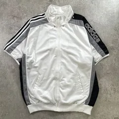 90年代 adidas アディダス 半袖 ジャージ トラックジャケット メンズXL相当 古着 90s ヴィンテージ VINTAGE 切り替え 袖ロゴ刺繍 サイドライン ハイネック 黒 ホワイト グレー