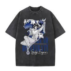 アニメ ジョ ブルーノ・ブチャラティ プリント Tシャツ メンズ 水洗いヴィンテージ加工 半袖 ストリート カジュアル 普段使い ブラック Z07393