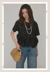 Frill wave hem cut T-shirt, black, frene (Flane) lumier