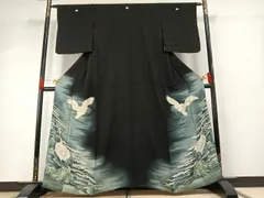 平和屋着物●アンティーク　大正ロマン　黒留袖　中国三大刺繍　相良刺繍　鶴　暈し染め　両褄　正絹　逸品　AABH5042fy