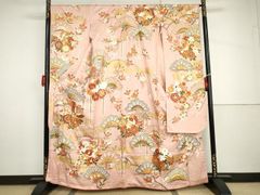 D84 振袖 蝶々 金駒刺繍 枝垂れ桜 正絹 着物 袷 長襦袢付き 極美品