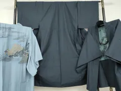 平和屋着物●男性　紬　アンサンブル・長襦袢(袷)セット　格子　羽裏：雀　正絹　逸品　AABI0010cs