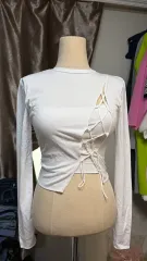 白 紐 シャーリング 長袖 Tシャツ オシャレ Tシャツ
