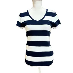 【美品】TOMMY HILFIGER トミーヒルフィガー ボーダーTシャツ Vネック 半袖 M ネイビー ホワイト レディース
