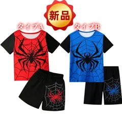 ✨新品✨キッズ パジャマ スパイダーマン 上下セット 半袖 Tシャツ ショートパンツ 子供服 ルームウェア 男の子 夏服 赤 青 2色 レッド×ブラック ブルー×ブラック 蜘蛛の巣 柄 かっこいい サイズ100 110 120 130 cm展開 送料無料