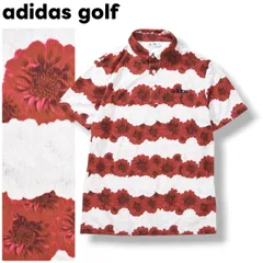 【美品】 アディダス ゴルフ adidas golf 半袖 3B ポロシャツ 刺繍 ロゴ サイドシーム M 花柄 ボーダー レッド x ホワイト スポーツ カジュアル ウェア タウンユース レジャー メンズ