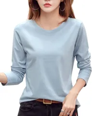 Fiorior カットソー 長袖 レディース ロンティー tシャツ コットン クルーネック 綿100 (ライトブルー,  M)