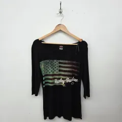ハーレーダビッドソン アメリカ 国旗 プリンティング ブラック Tシャツ レディース Mサイズ