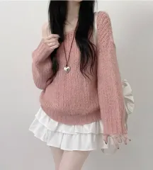 ピンク ボートネック ニット