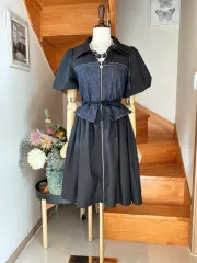 ブラック デニム ミックス ミニ ONE PIECE パフ袖