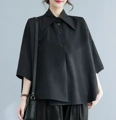 夏用ブラックアシンメトリー中長丈シャツブラウス