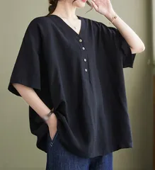 夏新作 無地 Vネック 半袖Tシャツ レディース 大きいサイズ ゆったり 体型カバー カジュアル トップス