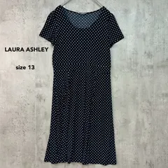 LAURA ASHLEY ローラアシュレイ 13 ネイビー ドット柄 半袖 ワンピース 膝丈 ひざ丈 フレア Aライン ストレッチ 総柄 大きいサイズ レトロ クラシック 大人可愛い 希少 レア 完売 定番 人気 ★ ■◆