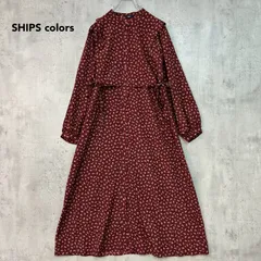 SHIPS colors シップスカラーズ レッド 花柄 ロングワンピース マキシ丈 フレア Aライン バンドカラー ノーカラー 前開き フルオープン シャツワンピース 総柄 フラワープリント ドット柄 ウエストリボン ★ ■◇のサムネイル