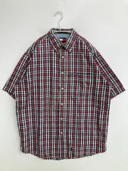 TOMMY JEANS トミージーンズ シャツ/ブラウス M レッド デニム コットン チェック柄 ワンポイント ミドル丈 半袖 ボタンダウン レギュラーカラー