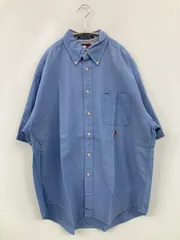 TOMMY HILFIGER トミーヒルフィガー シャツ/ブラウス L ブルー コットン 無地 ワンポイント 刺繍 ミドル丈 半袖 ボタンダウン