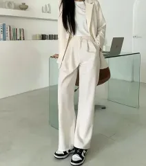 新品 アイボリー ウエスト後ろゴム ワイド ツータック パンツ XL