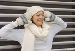 [중고] 원시 사진(남성) 용성 료/가로형·바스트 업·의상 흰색·니트 모자·머플러·장갑·오른쪽·양손 얼굴 옆·배경 그레이/생 사진 세트 ver.6