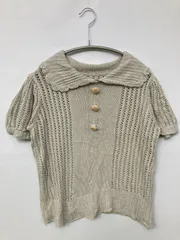ニット/セーター ベージュ 無地 刺繍 ショート丈 半袖 ヘンリーネック