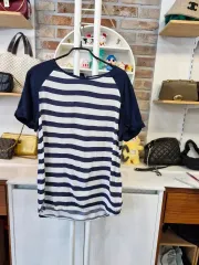 トミーヒルフィガー ボーダー柄 7分 Tシャツ ネイビー 白 55