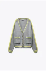 ZARA ザラ カーディガン/ボレロ L グレー 無地 ニット ミドル丈 長袖