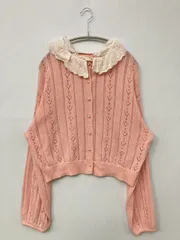 apre jour アプレジュール カーディガン/ボレロ LL ピンク コットン ニット 無地 レース ミドル丈 長袖