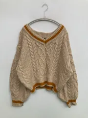 Heather ヘザー ニット/セーター F ベージュ コットン 無地 ライン柄 ショート丈 長袖 Vネック