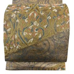 美品】 袋帯 秀品 向かい鳥 草花 金糸 箔 金色 六通 正絹 【中古