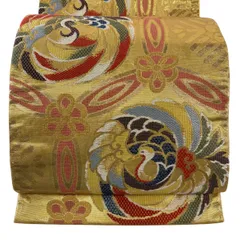 【美品】 袋帯 秀品 鳥 花 箔 金糸 金色 六通 正絹 【中古】